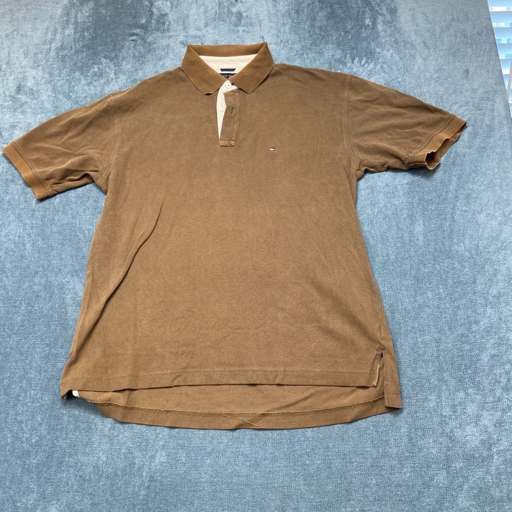 Tommy Hilfiger Polo Shirt Mens XL Brown Logo Golf Tennis Hi Lo Hem Side Slit